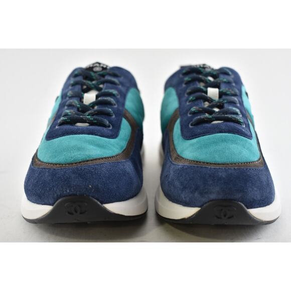 Chanel 21K Mens Green Blue Grey White CC Logo Lace Low Top Trainer Sneaker 44 11 - Picture 6 of 11